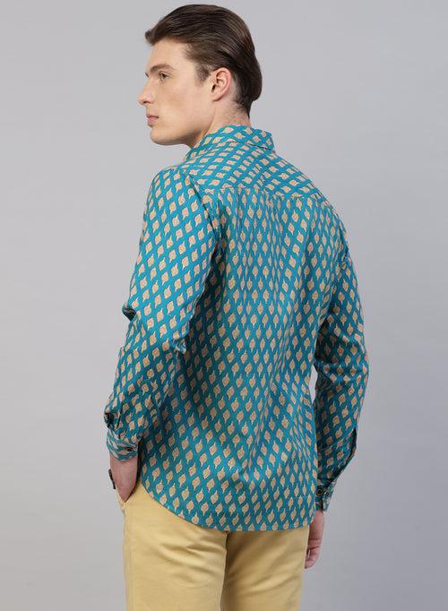 Teal Blue 100% Cotton Printed Casual Shirts