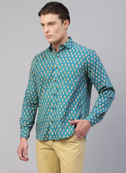 Teal Blue 100% Cotton Printed Casual Shirts