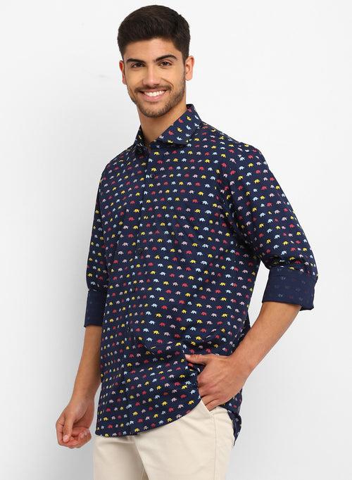 Blue Cotton Printed Casual Shirt