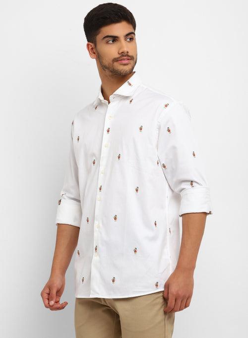 White Cotton Cartoon Printed Casual Shirt