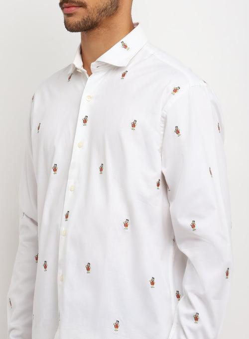 White Cotton Cartoon Printed Casual Shirt