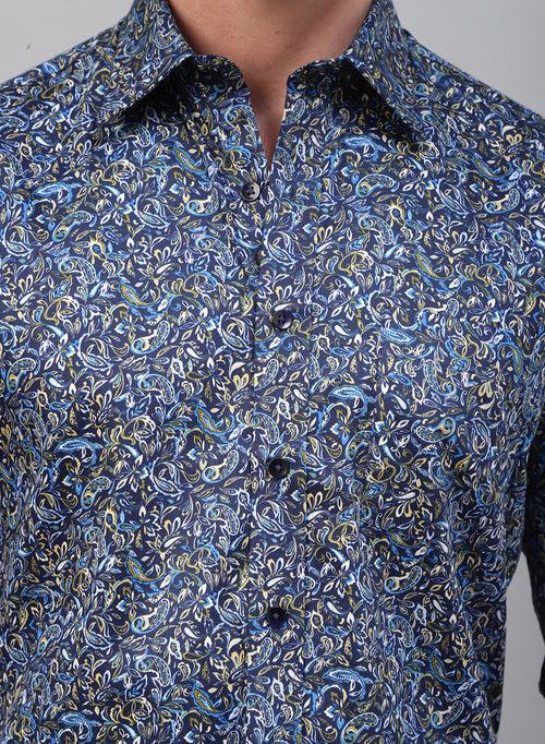 Navy Blue 100% Cotton Printed Casual Shirts