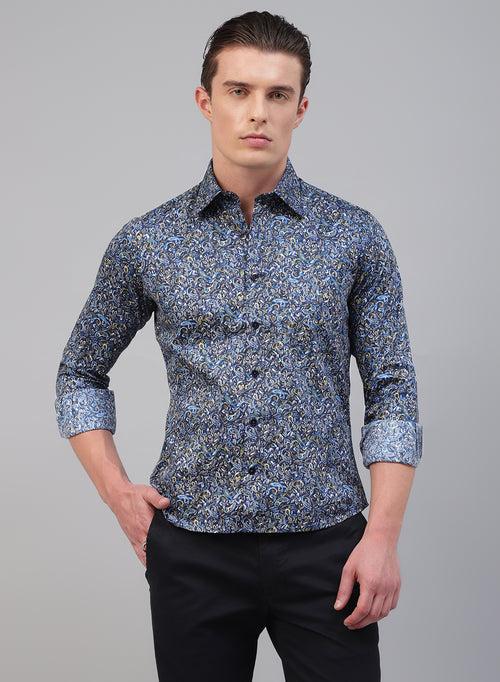 Navy Blue 100% Cotton Printed Casual Shirts