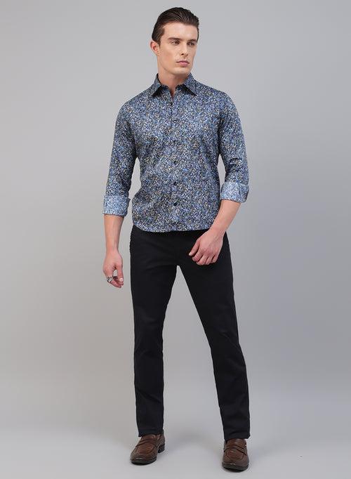 Navy Blue 100% Cotton Printed Casual Shirts