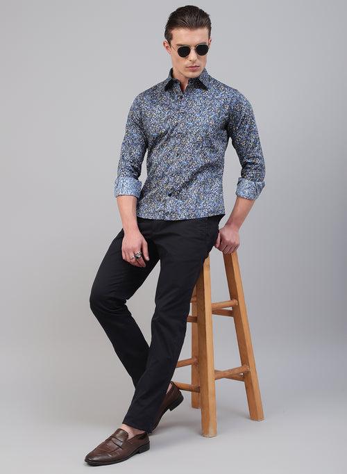 Navy Blue 100% Cotton Printed Casual Shirts