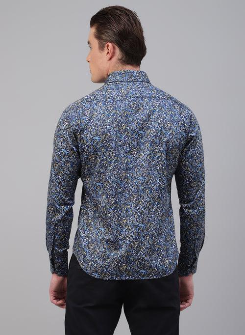 Navy Blue 100% Cotton Printed Casual Shirts