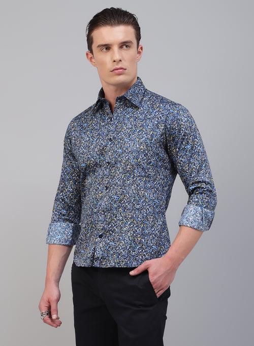 Navy Blue 100% Cotton Printed Casual Shirts