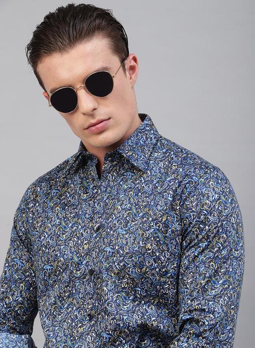 Navy Blue 100% Cotton Printed Casual Shirts