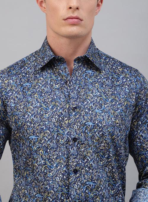 Navy Blue 100% Cotton Printed Casual Shirts