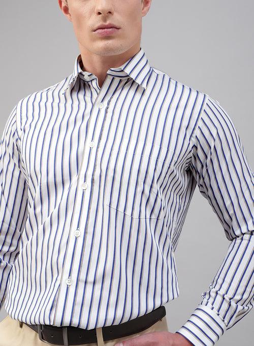 White, Blue & Beige Cotton Stripe Formal Shirt