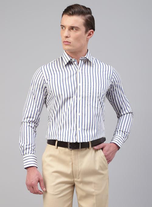 White, Blue & Beige Cotton Stripe Formal Shirt