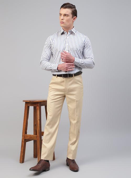 White, Blue & Beige Cotton Stripe Formal Shirt