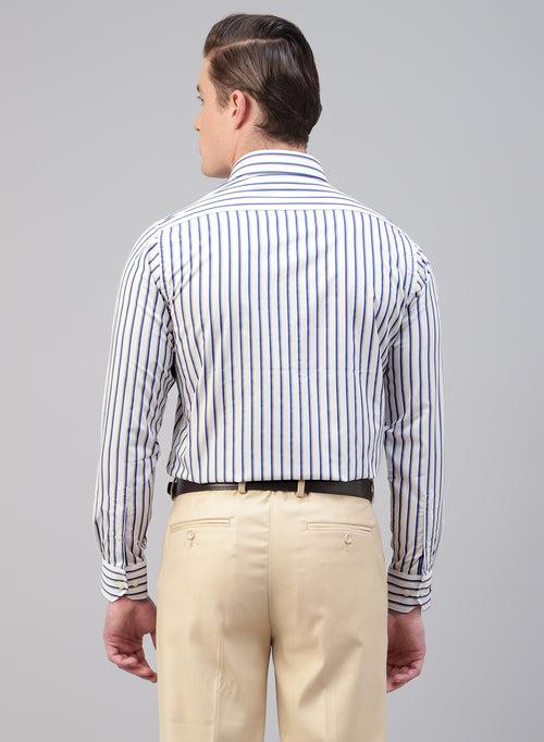 White, Blue & Beige Cotton Stripe Formal Shirt