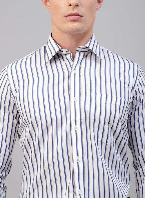 White, Blue & Beige Cotton Stripe Formal Shirt
