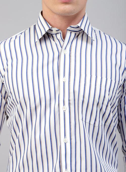 White, Blue & Beige Cotton Stripe Formal Shirt