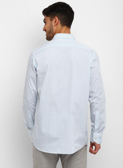White & Turquoise Cotton Printed Casual Shirt