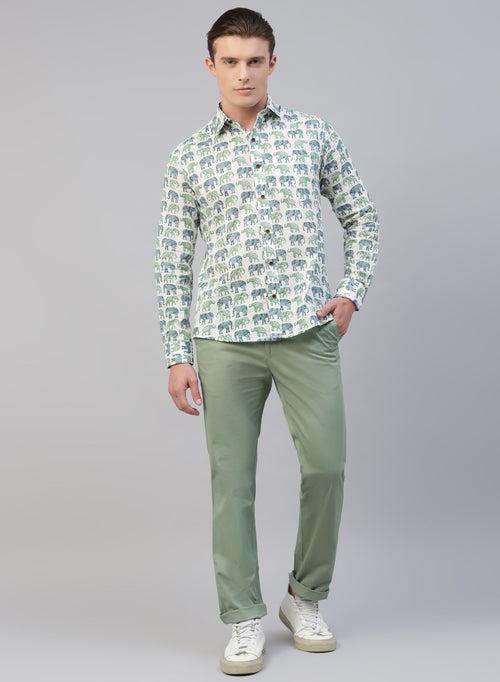 Light Green 100% Cotton Solid Casual Trouser