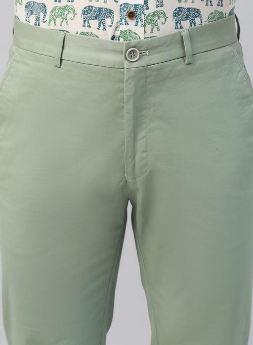 Light Green 100% Cotton Solid Casual Trouser