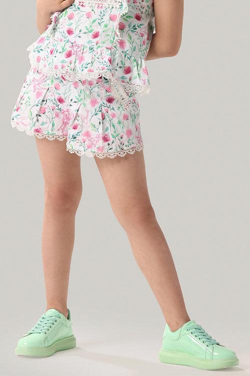 One Friday Kids Girls Bambi Printed Laced Cotton Shorts