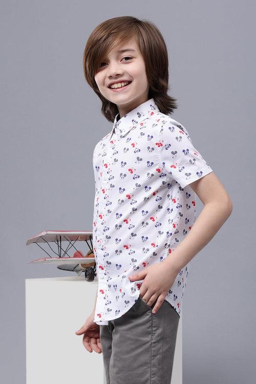 One Friday Kids Boys Mickey Printed White Cotton Shirt