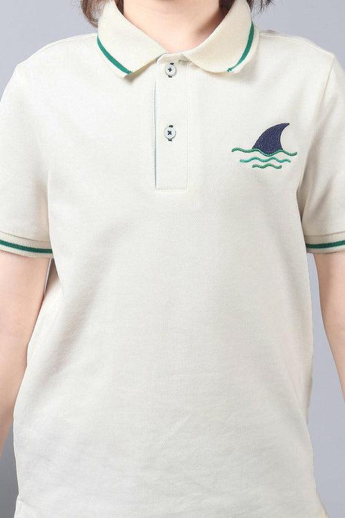 One Friday Kids Boys White Stretchable Polo Tee with Embroidery