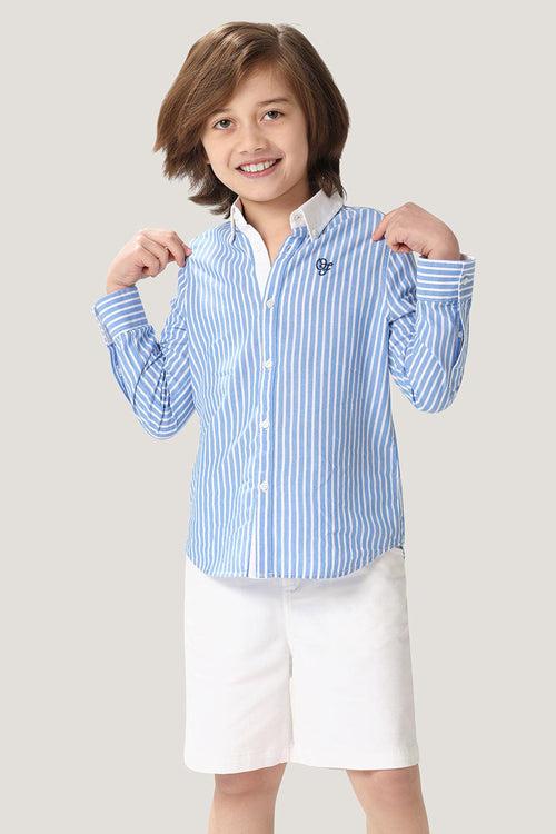 One Friday Kids Boys Blue 100% Cotton Stripe Shirt With Contrast Collar