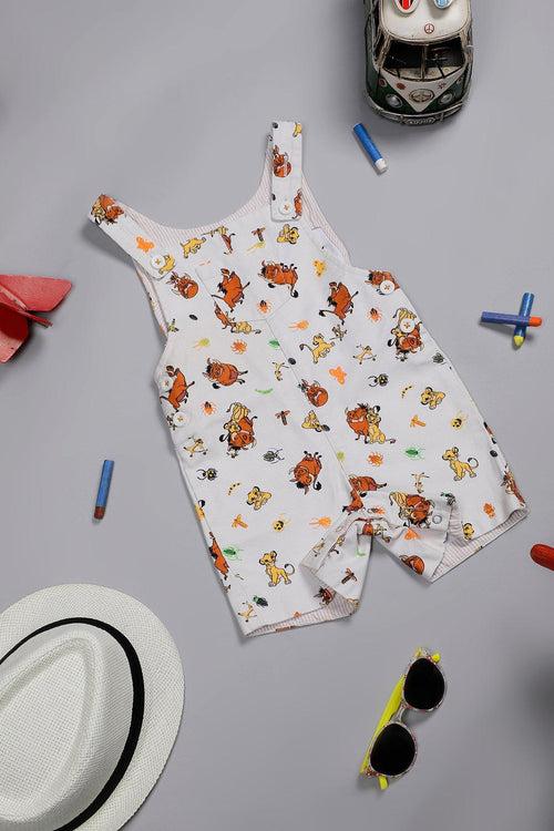 One Friday Baby Boys Off White Cotton Timon and Pumba Printed Dungaree