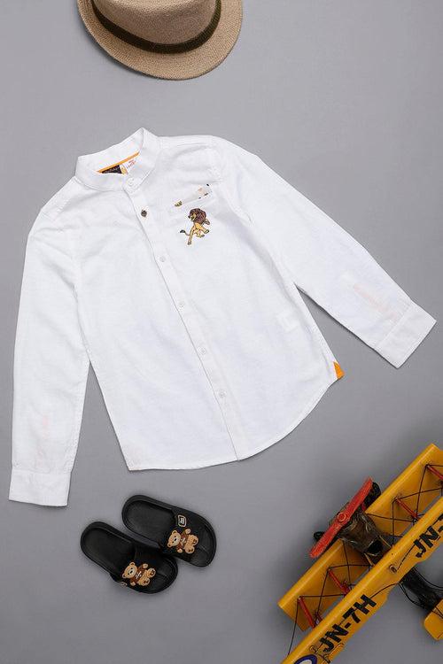 One Friday Kids Boys White Cotton Chinese Collared Shirt Disney's Lion King Embroidered