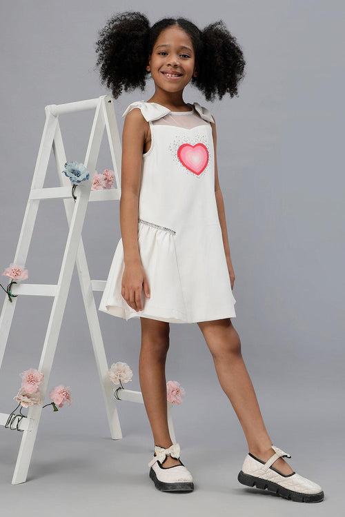 One Friday Girls Bow & Heart White Dress with Embellishment