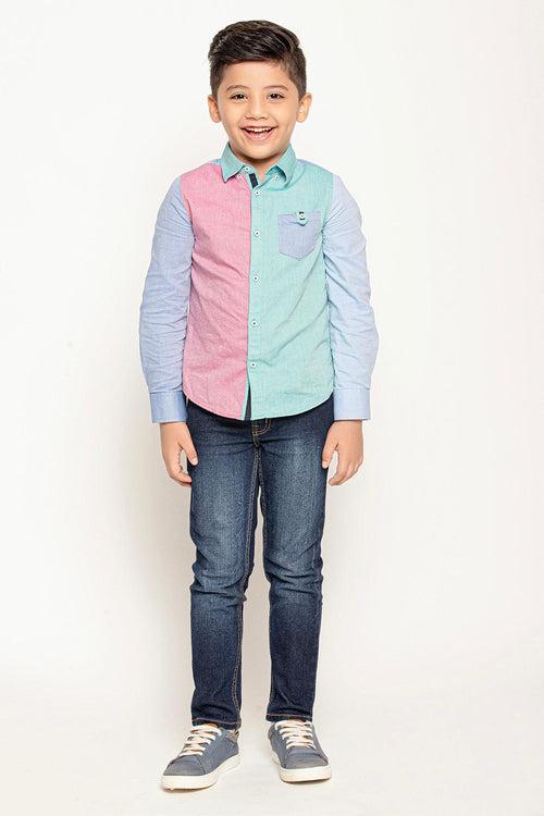 One Friday Varsity Chic Dual-Colored Blue and Pink Full Sleeves Shirt for Boys