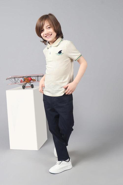 One Friday Kids Boys White Stretchable Polo Tee with Embroidery