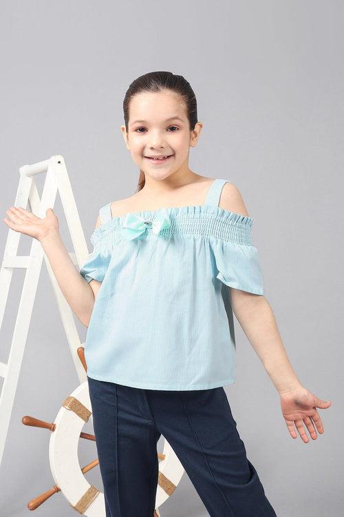 One Friday Kids Girls Pastel Stripe Cotton Ruffle Sleeves Smocked Neckline Cold Shoulder Top