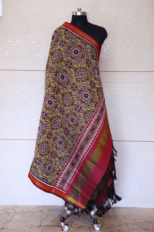 semi double ikat dupatta in Yellow and red colour with traditional Navratna and Manekchowk design