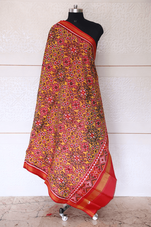 Semi double ikat dupatta in Red and Yellow colour with traditional Navratna design