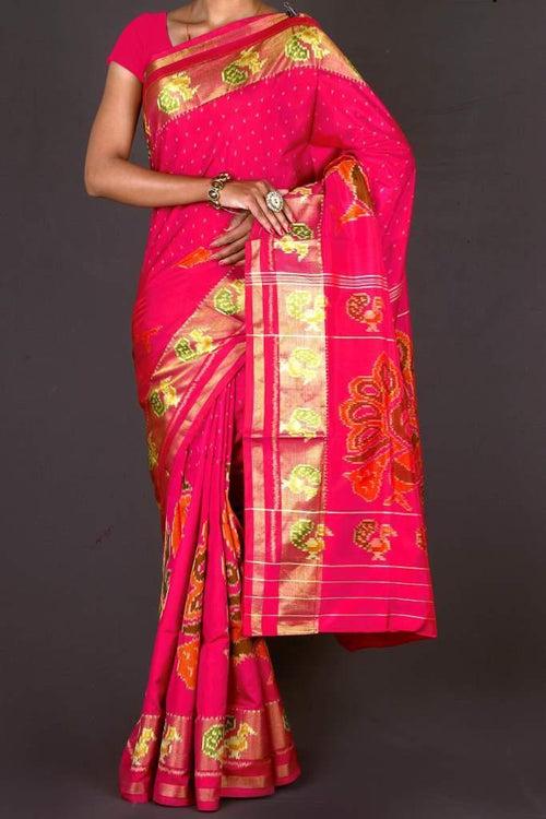 Pink peacock design scut border Patola Saree