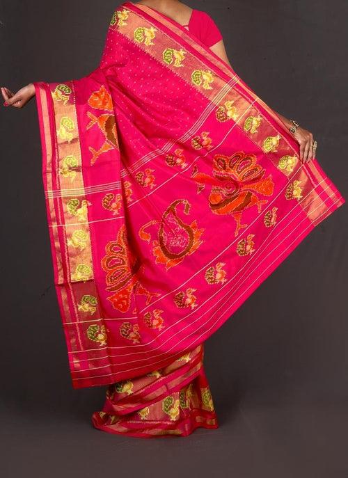 Pink peacock design scut border Patola Saree