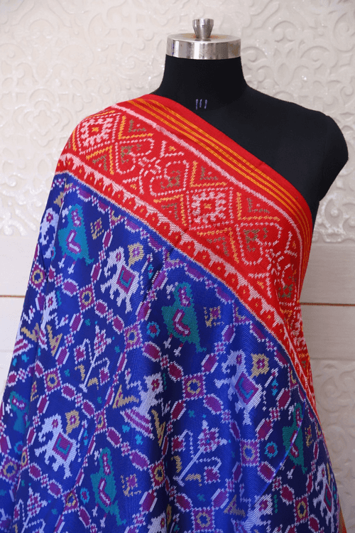 Semi double ikat dupatta in Blue and Red colour with traditional sakdi Hathi Popat design