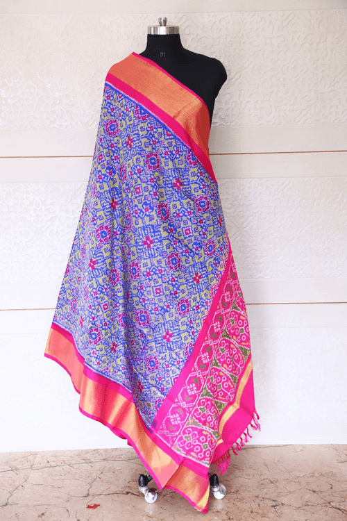 Semi double ikat dupatta in Yellow and Pink colour with traditional Navratna design