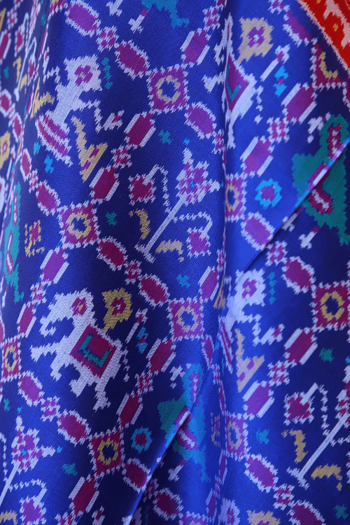 Semi double ikat dupatta in Blue and Red colour with traditional sakdi Hathi Popat design