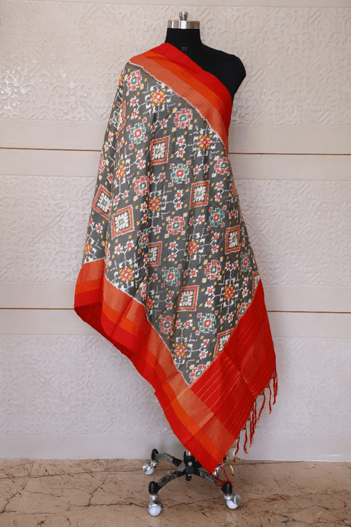 Single ikat dupatta in Black,White and Red combination in traditional Navratna design