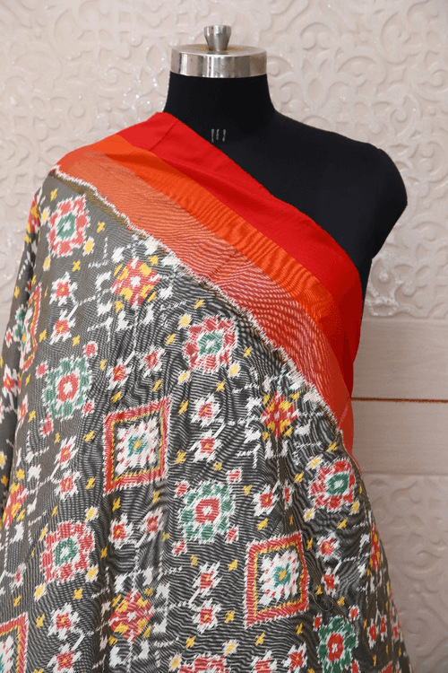 Single ikat dupatta in Black,White and Red combination in traditional Navratna design