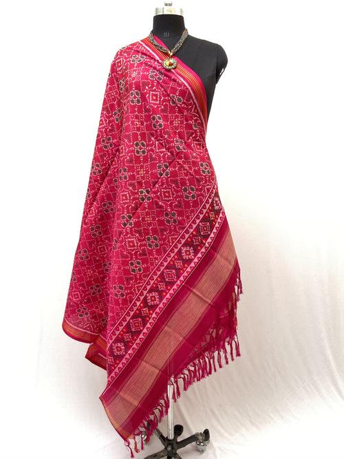 Semi double Ikat Dupatta with Traditional Manekchowk design in pink colour