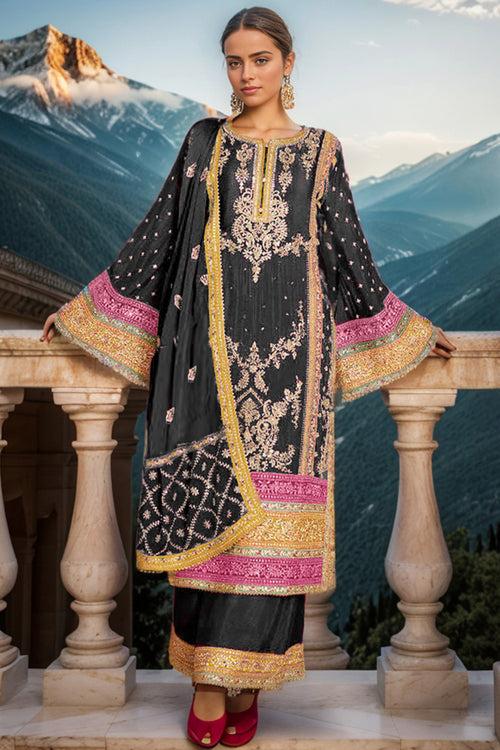 Black Embroidered Wedding Wear Pakistani Palazzo Salwar Kameez With Attractive Dupatta