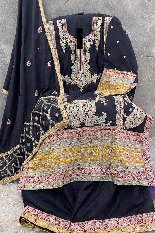 Black Embroidered Wedding Wear Pakistani Palazzo Salwar Kameez With Attractive Dupatta