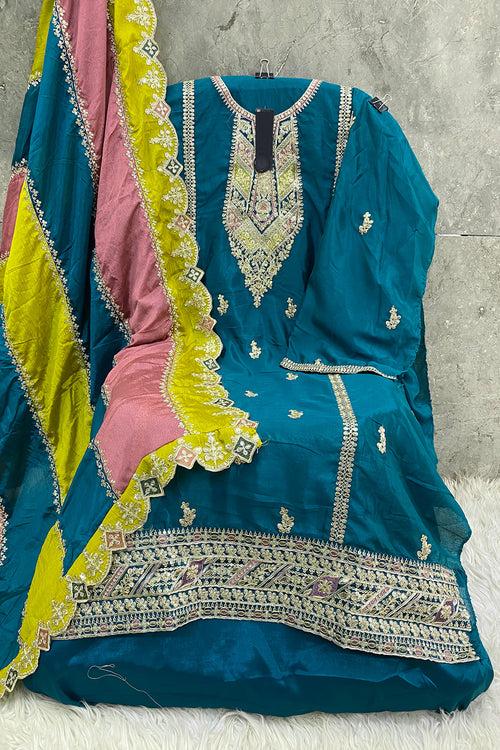 Bridal Wear Rama Pakistani Salwar Kameez With Multicolor Dupatta Work