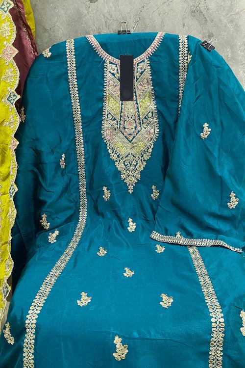 Bridal Wear Rama Pakistani Salwar Kameez With Multicolor Dupatta Work