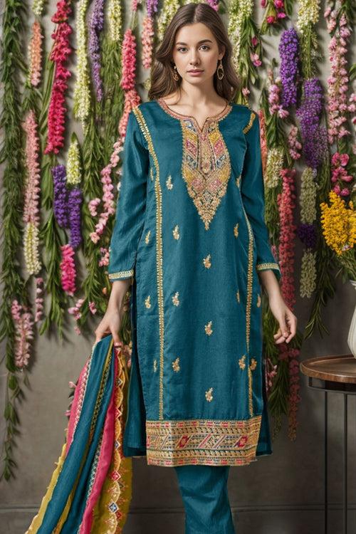 Bridal Wear Rama Pakistani Salwar Kameez With Multicolor Dupatta Work