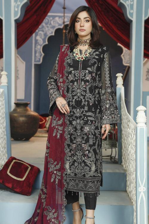 Carnival Black Embroidered Pakistani Salwar Kameez With Contrast Maroon Dupatta