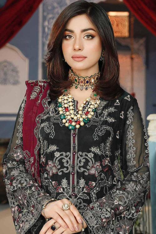 Carnival Black Embroidered Pakistani Salwar Kameez With Contrast Maroon Dupatta