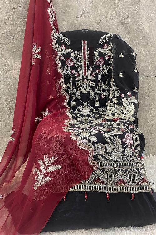 Carnival Black Embroidered Pakistani Salwar Kameez With Contrast Maroon Dupatta